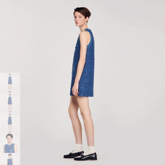 NWT Sandro Denim Glittering Tweed-effect Trapeze Dress Sleeveless Size 36 Small - Picture 10 of 11